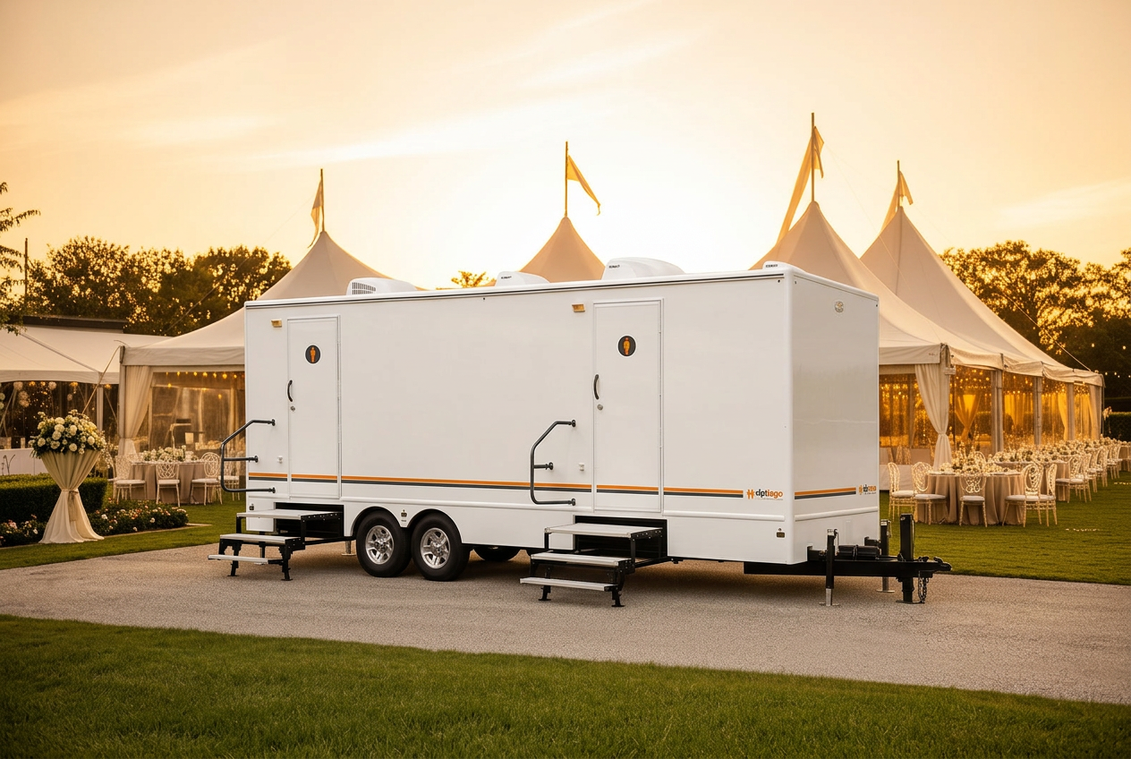 Luxury restroom trailer at upscale outdoor event